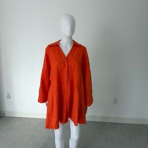 Morton Mac Lora Scalloped Tunic Tall Linen Orange Shirt Dress Mini